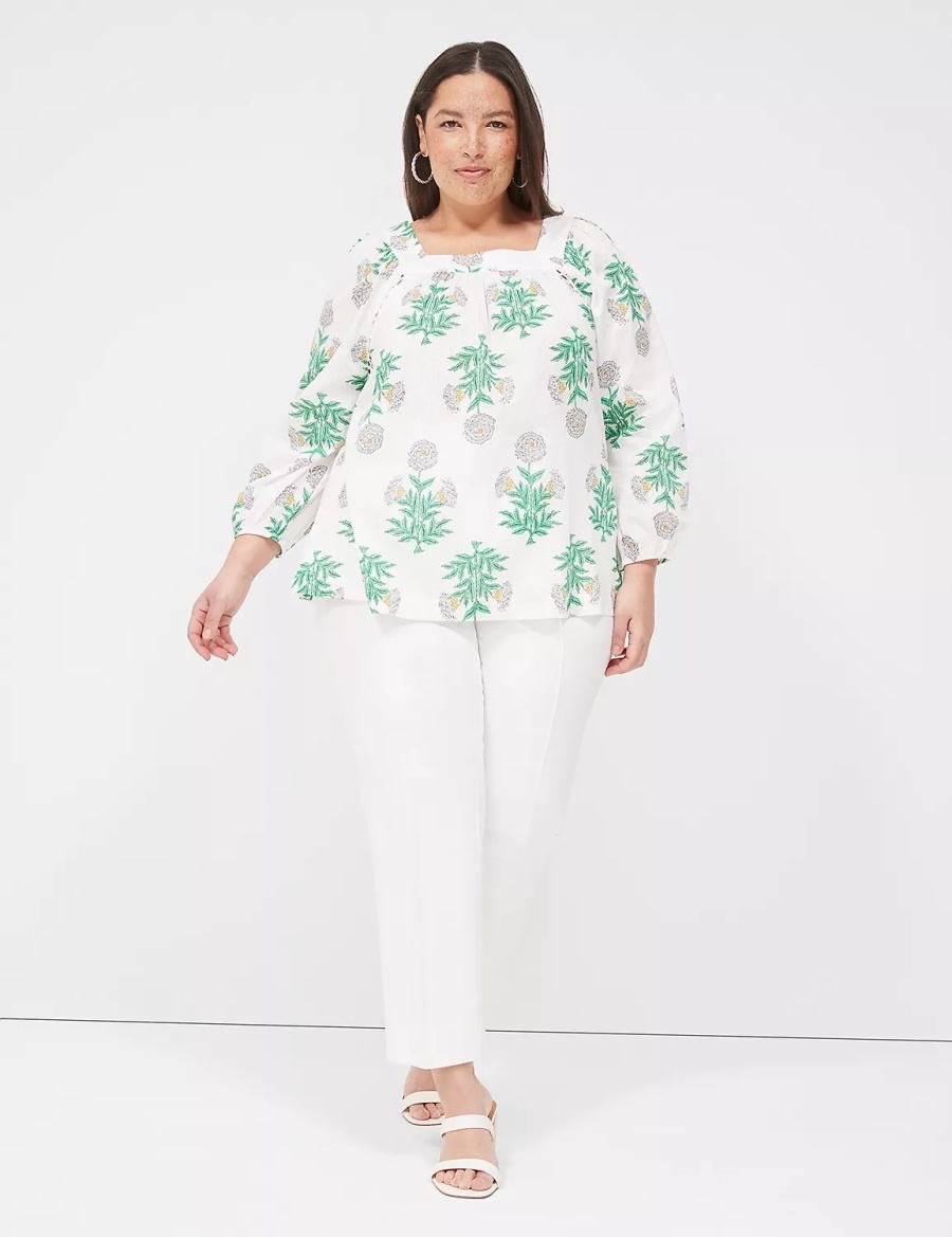 Lane Bryant Swing Square-Neck Peasant Women Blouse White Green | ZTW6411NN