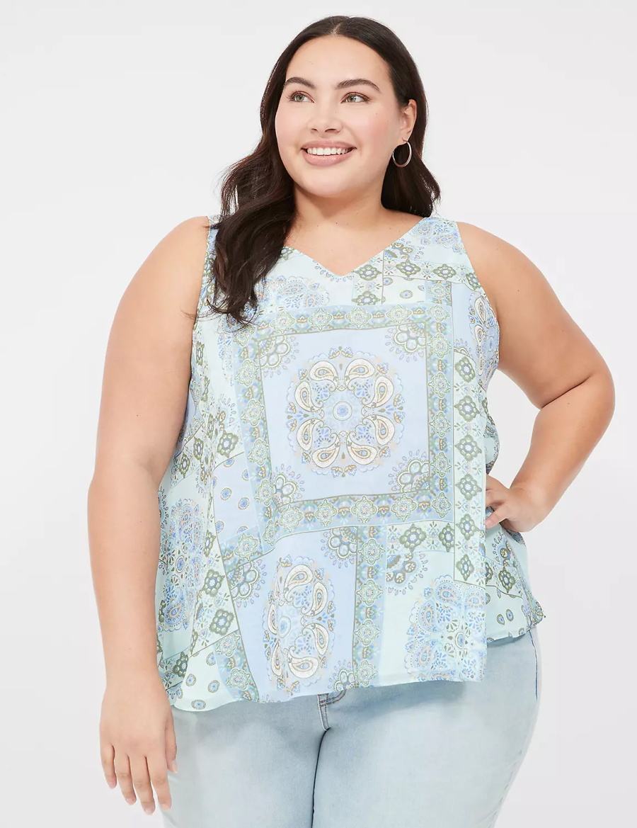 Lane Bryant Swing V-Neck Single-Layer Chiffon Women Tank Top Blue | OHO882PF