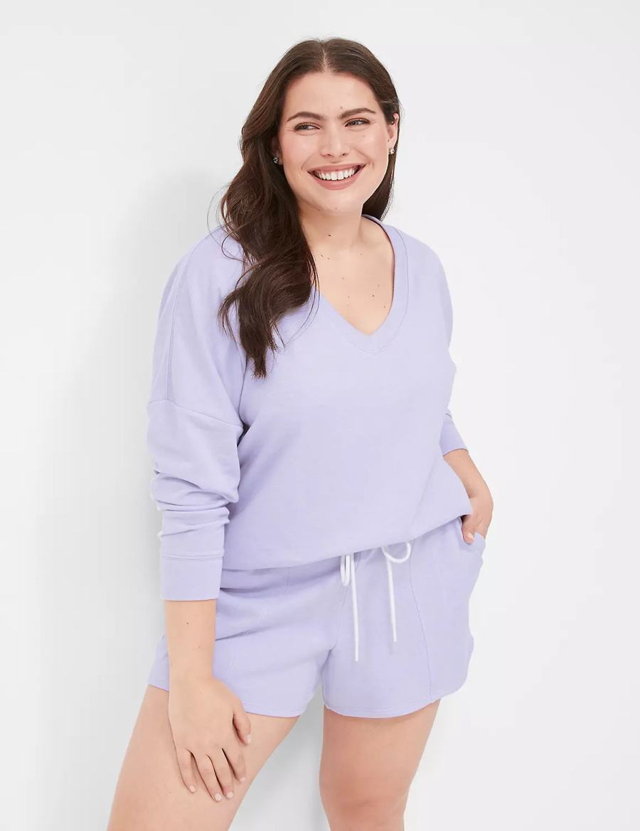 Lane Bryant Terry Fleece V-Neck Top Women T Shirts Purple | KLZ9184JJ