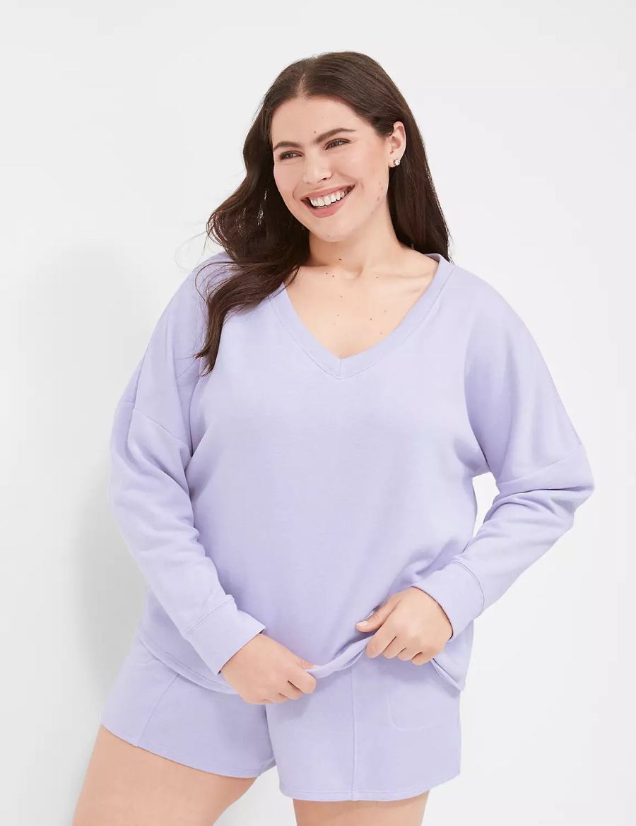 Lane Bryant Terry Fleece V-Neck Top Women T Shirts Purple | KLZ9184JJ