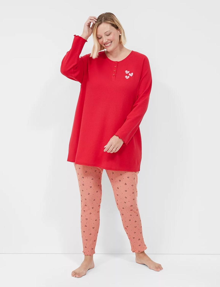 Lane Bryant Thermal Cotton Lettuce-Edge Henley Tee & Legging PJ Set Women Pajamas Red Multicolor | UPR8640KA