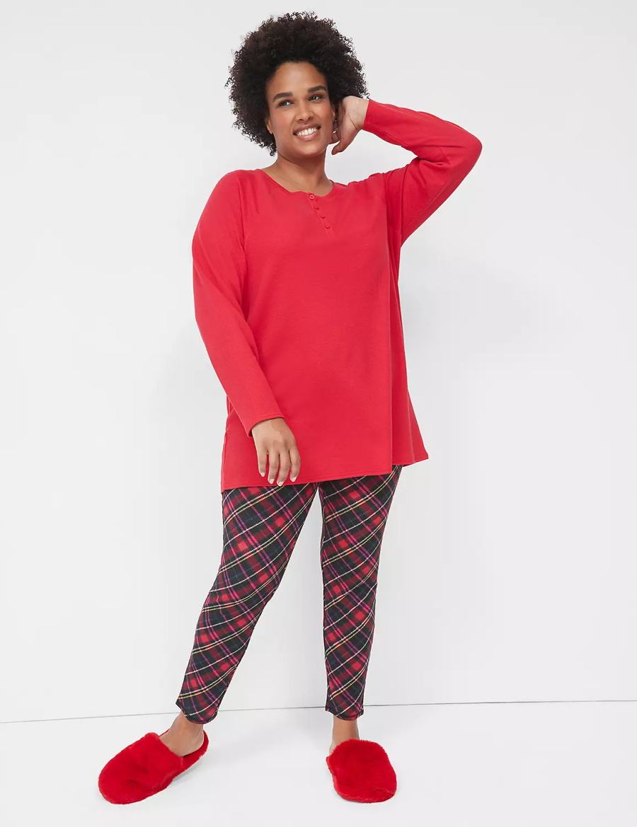 Lane Bryant Thermal Henley Tee & Legging PJ Set Women Pajamas Red Multicolor | UMW7016KQ