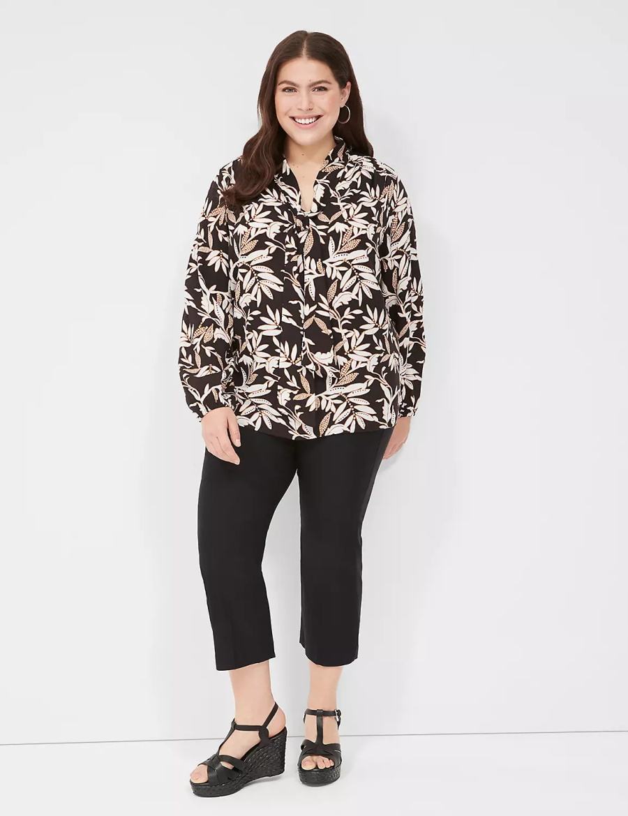 Lane Bryant Tie-Neck Popover Women Blouse Cream Brown Black | XKA5335BY