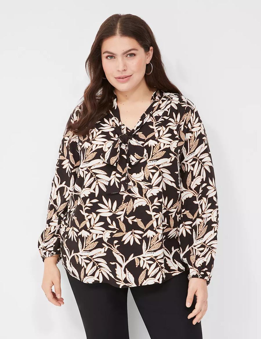 Lane Bryant Tie-Neck Popover Women Blouse Cream Brown Black | XKA5335BY