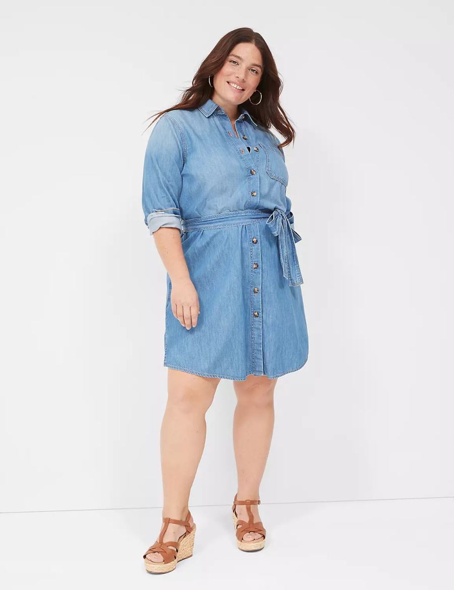 Lane Bryant Tie-Waist Denim Women Shirt Dress Blue | AYB1868PJ