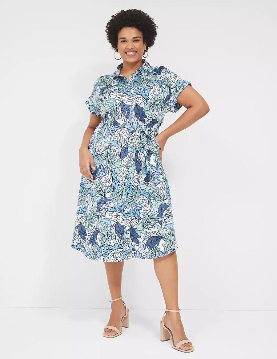 Lane Bryant Tie-Waist Midi Women Shirt Dress Blue Multicolor | WJC4750FU