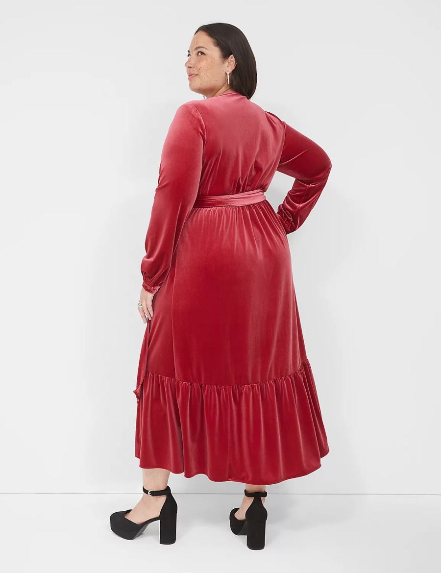 Lane Bryant Tiered Wrap Velvet Women Midi Dress Dark Red | BRY7289MV