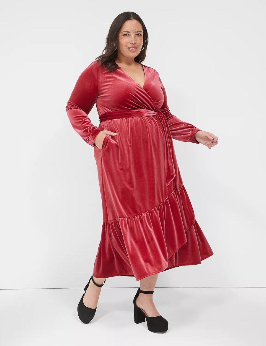 Lane Bryant Tiered Wrap Velvet Women Midi Dress Dark Red | BRY7289MV