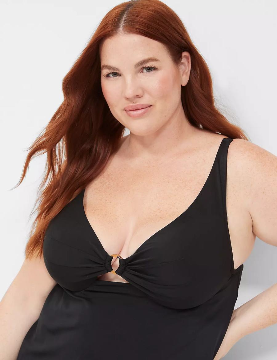 Lane Bryant Underwire O-Ring Tankini Women Bikini Top Black | UYN8661WK