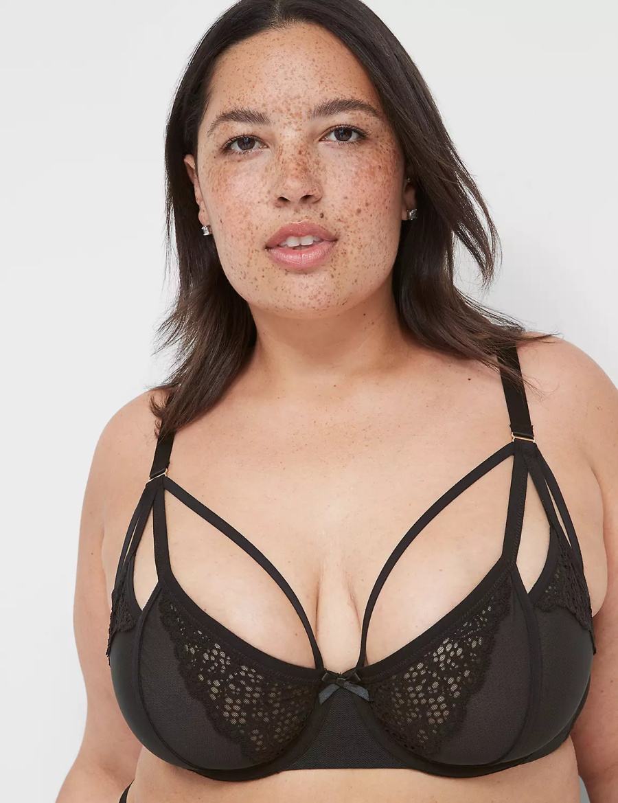 Lane Bryant Unlined Caged Lace Women Balconette Bra Black | ENX4068KI