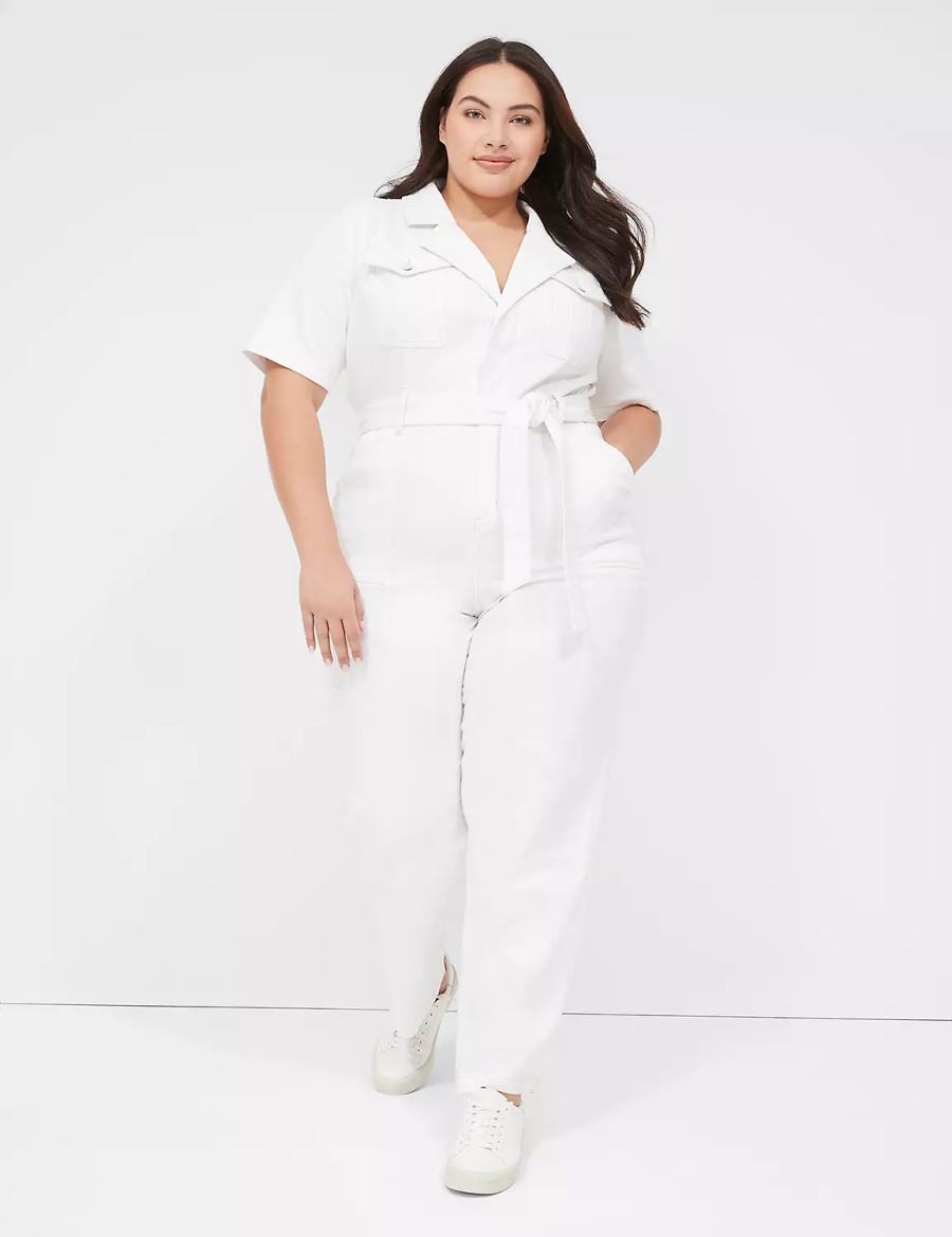 Lane Bryant Utility Straight Leg Denim Women Jumpsuit White | PMG731CF