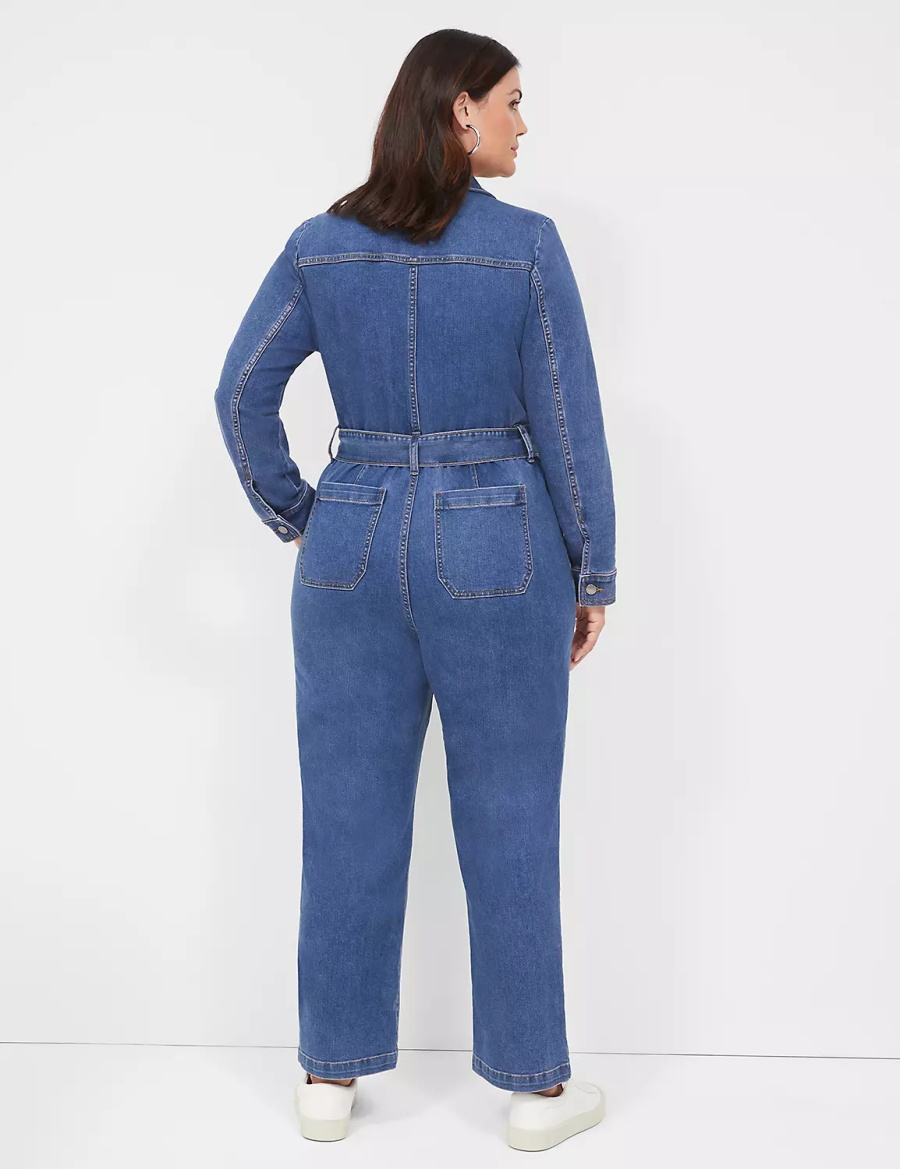 Lane Bryant Utility Straight Leg Denim Women Jumpsuit Blue | RII6058HV