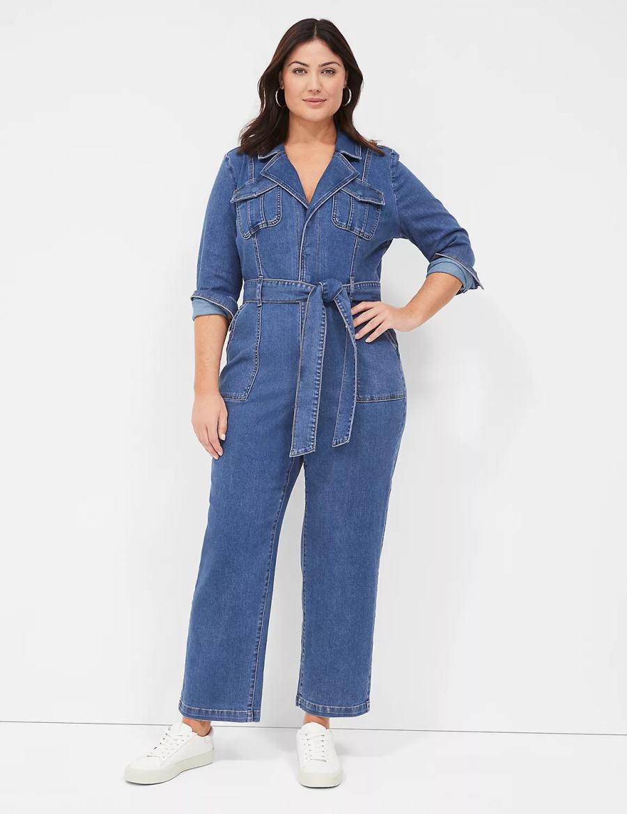 Lane Bryant Utility Straight Leg Denim Women Jumpsuit Blue | RII6058HV