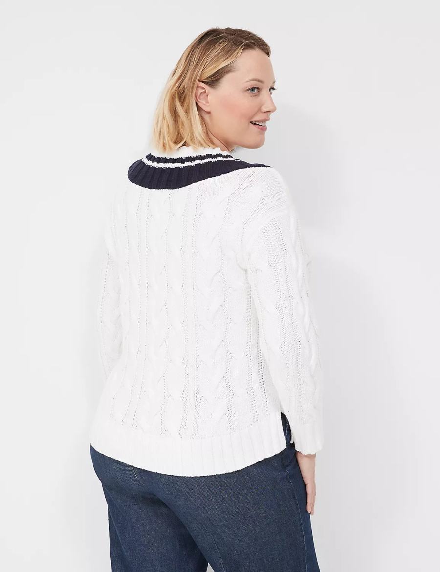 Lane Bryant V-Neck Cable Pullover Women Sweaters White | HWT3344FR