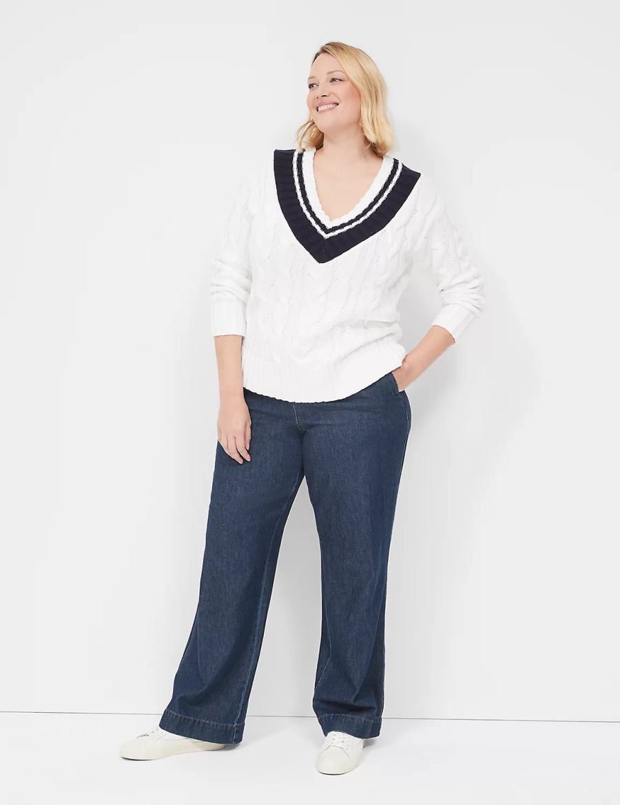 Lane Bryant V-Neck Cable Pullover Women Sweaters White | HWT3344FR