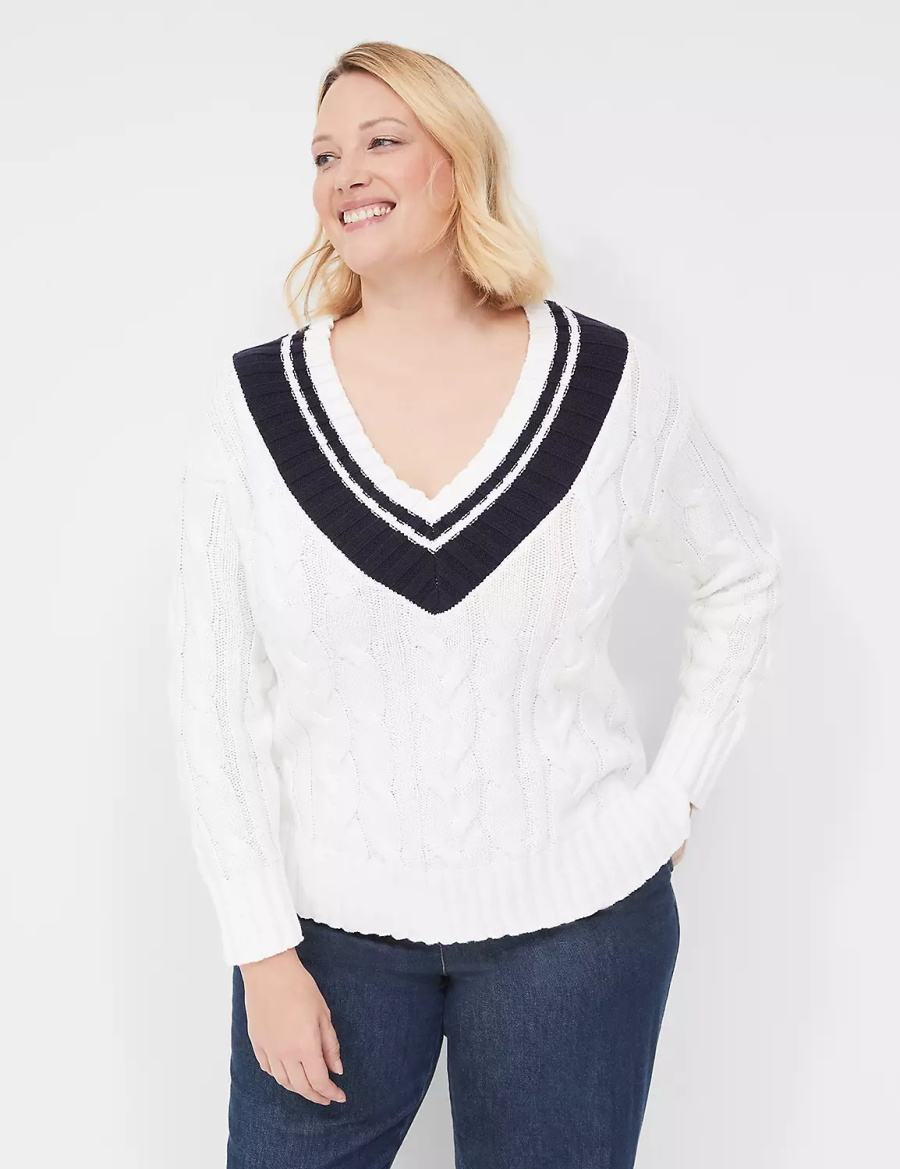 Lane Bryant V-Neck Cable Pullover Women Sweaters White | HWT3344FR