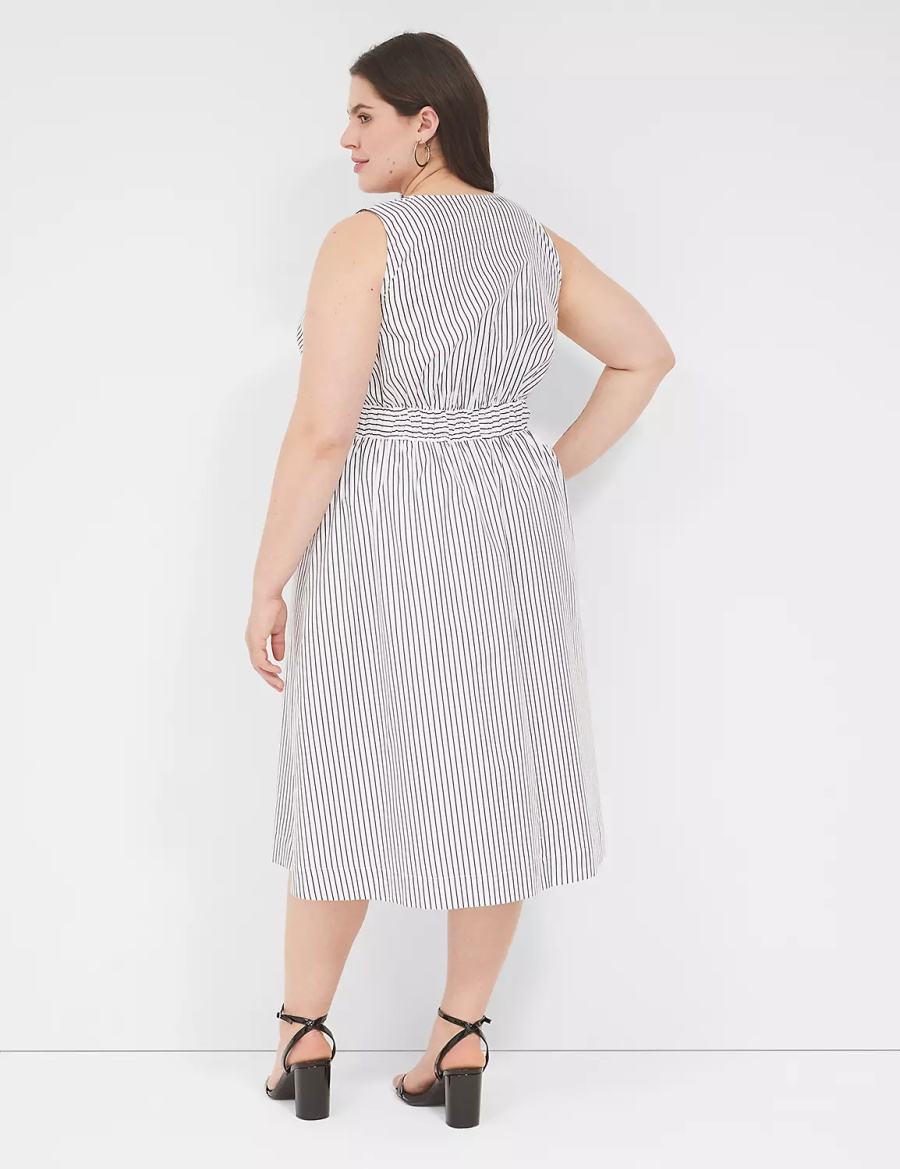 Lane Bryant V-Neck Elastic-Waist Women Midi Dress White Black Stripes | HNI9760VO