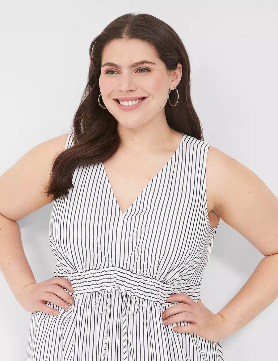 Lane Bryant V-Neck Elastic-Waist Women Midi Dress White Black Stripes | HNI9760VO