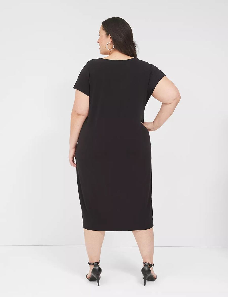 Lane Bryant V-Neck Pleat-Front Jersey Women Casual Dress Black | NLG1652UA