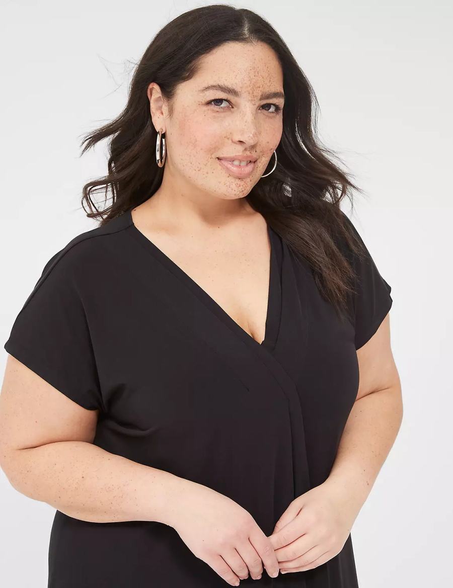 Lane Bryant V-Neck Pleat-Front Jersey Women Casual Dress Black | NLG1652UA