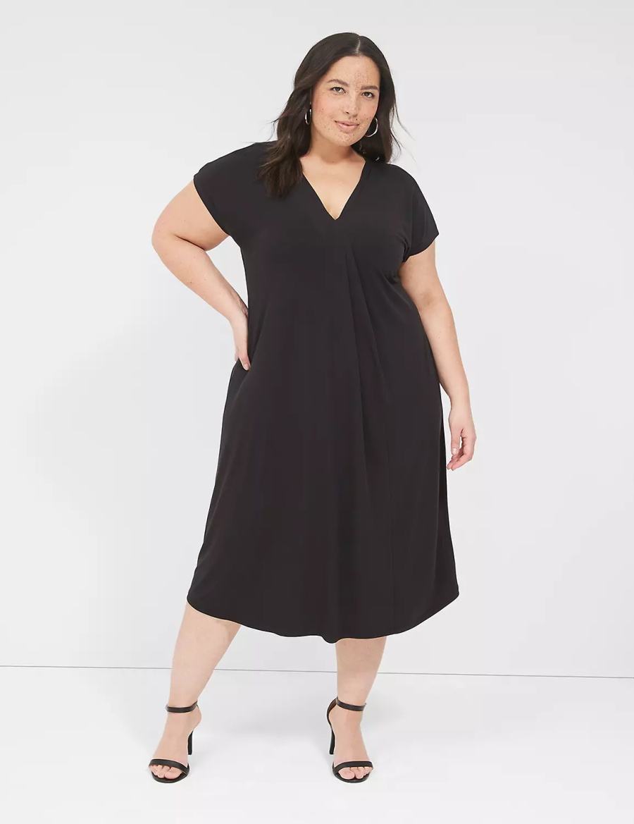 Lane Bryant V-Neck Pleat-Front Jersey Women Casual Dress Black | NLG1652UA