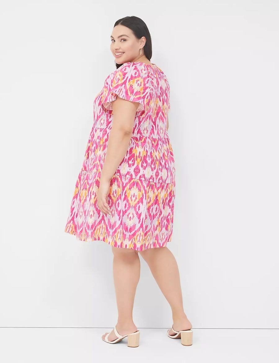 Lane Bryant V-Neck Tiered Easy Women Short Dress Pink | WMB8316QZ