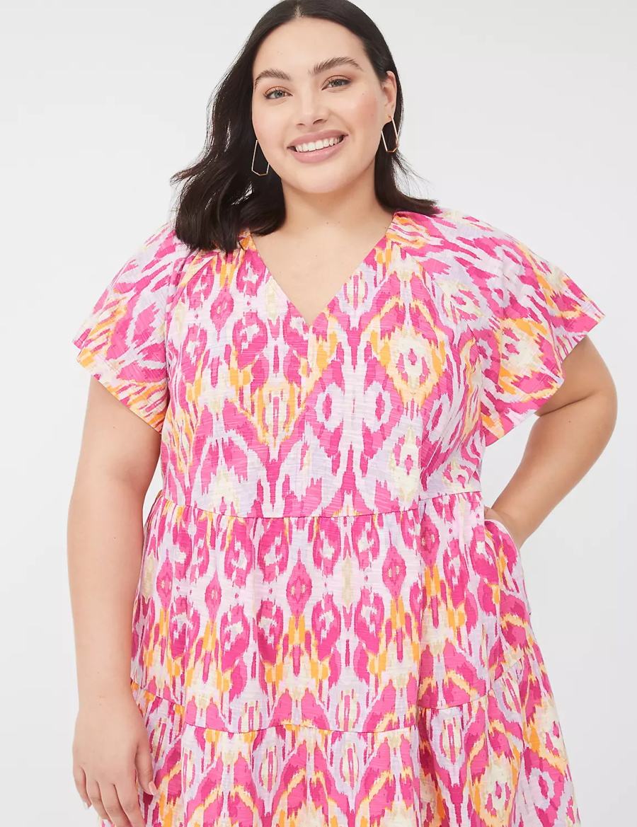 Lane Bryant V-Neck Tiered Easy Women Short Dress Pink | WMB8316QZ