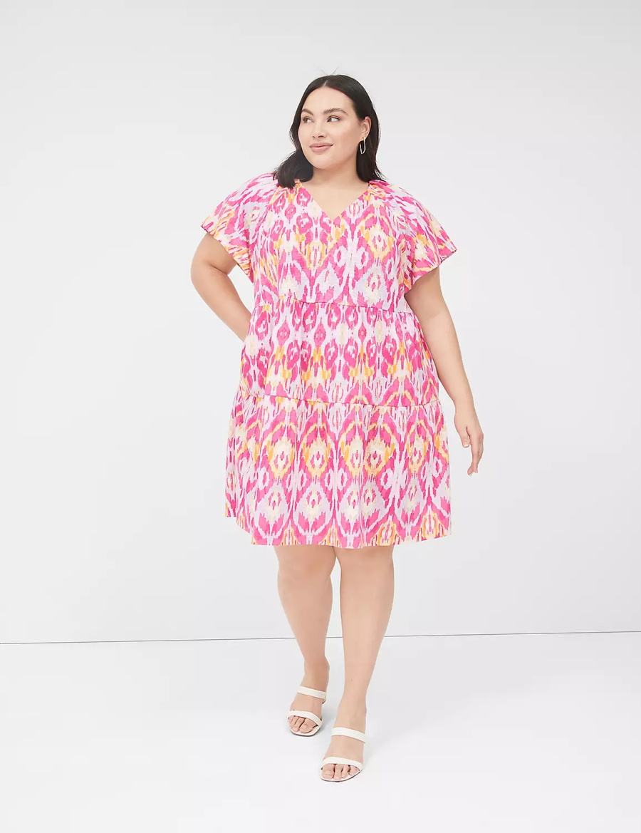 Lane Bryant V-Neck Tiered Easy Women Short Dress Pink | WMB8316QZ