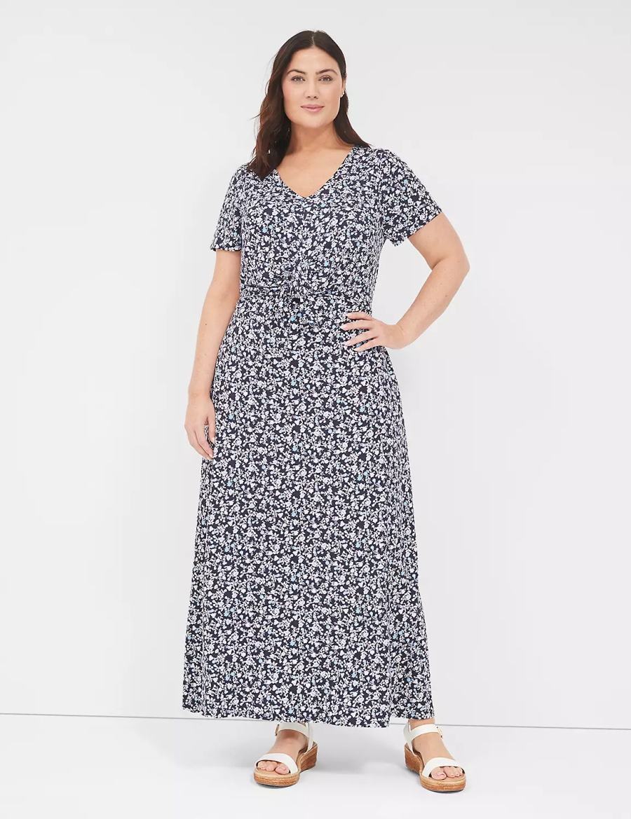 Lane Bryant V-Neck Waist-Knot Jersey Women Maxi Dress Blue Purple | NAR3954BF