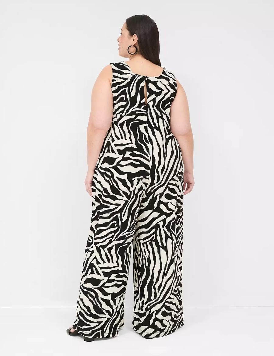 Lane Bryant V-Neck Wide Leg Jersey Women Jumpsuit White Black | IRF178JY