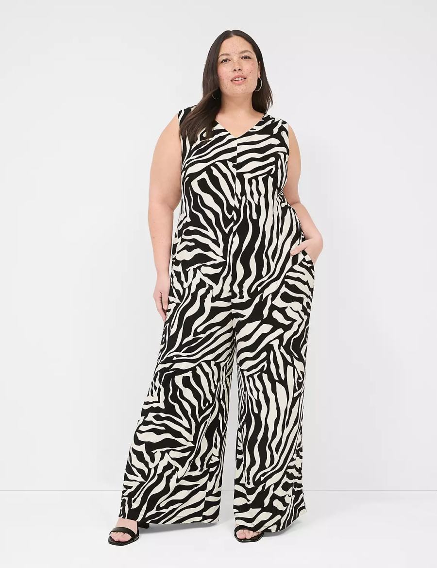 Lane Bryant V-Neck Wide Leg Jersey Women Jumpsuit White Black | IRF178JY