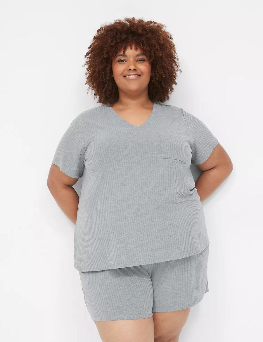 Lane Bryant Wide Rib Pocket V-Neck Tee Women T Shirts Grey | DNJ8955DZ