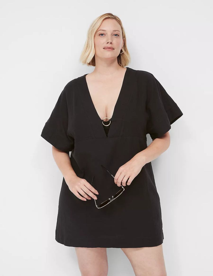 Lane Bryant Woven O-Ring Dolman Women Cover Ups Black | EAX3634RE