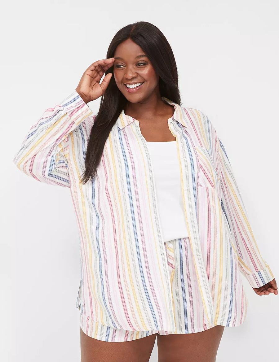 Lane Bryant Woven Print Mix Sleep Women Shirts White Multicolor Stripes | EBE377NP