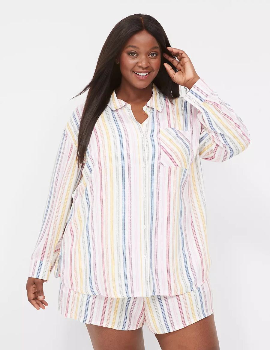 Lane Bryant Woven Print Mix Sleep Women Shirts White Multicolor Stripes | EBE377NP