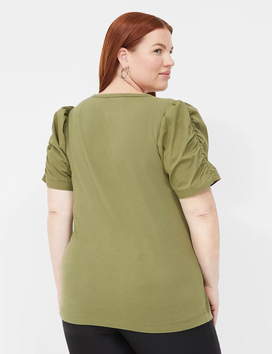 Lane Bryant Woven Puff-Sleeve V-Neck Knit Tee Women T Shirts Green | BDV9381ZI