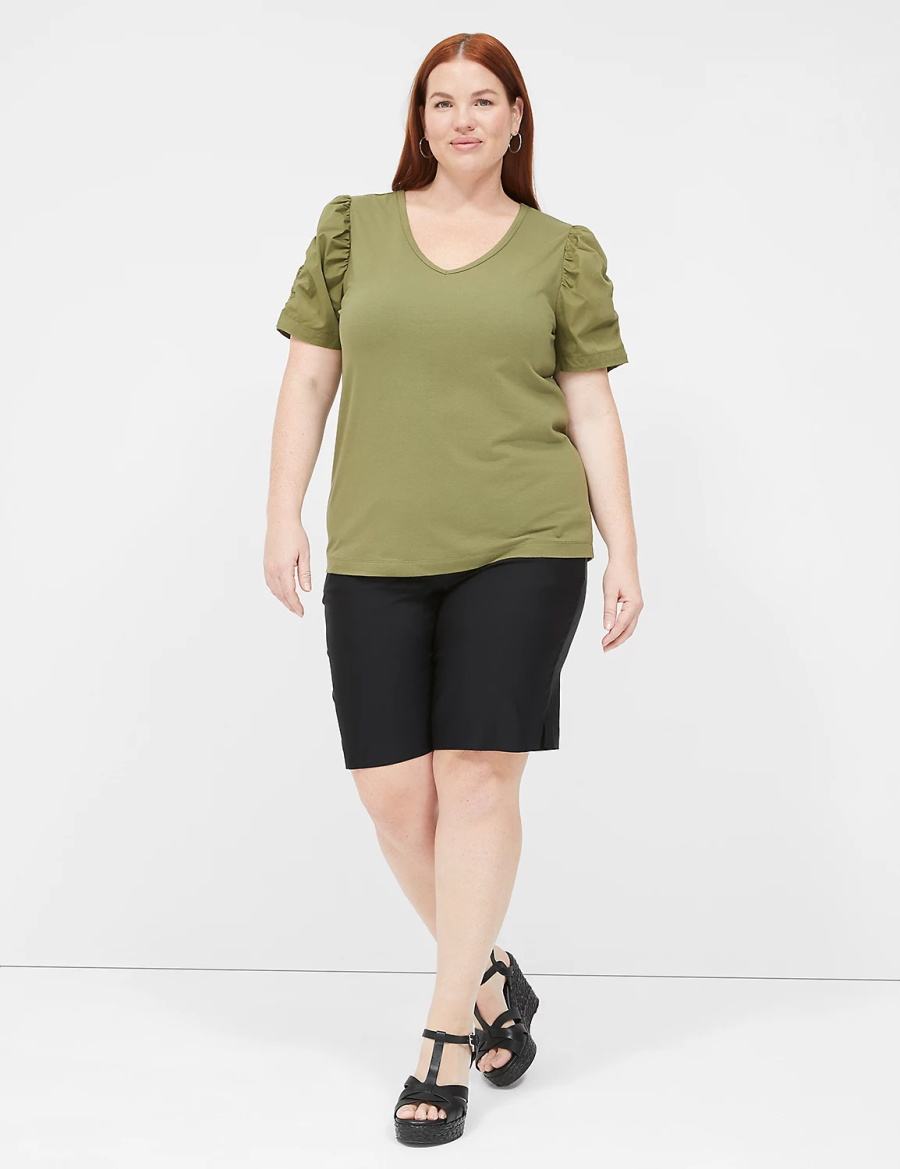 Lane Bryant Woven Puff-Sleeve V-Neck Knit Tee Women T Shirts Green | BDV9381ZI