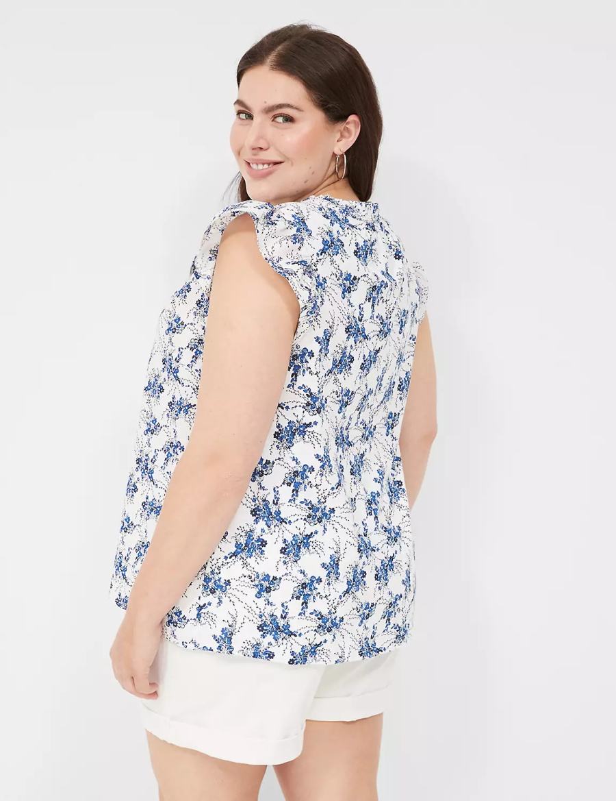 Lane Bryant Woven & Knit Cap Flutter-Sleeve Top Women Blouse Blue White | DIR6215JF