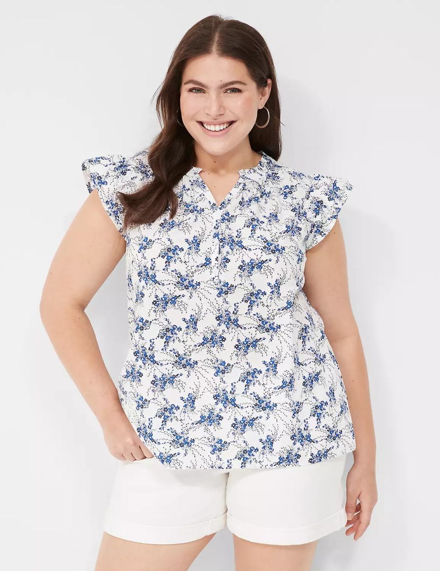 Lane Bryant Woven & Knit Cap Flutter-Sleeve Top Women Blouse Blue White | DIR6215JF